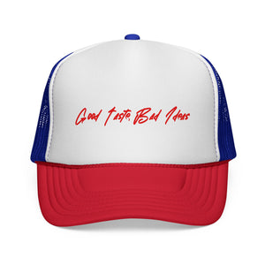 Trucker Cap — "Good Taste Bad Ideas" Retro Script Mesh Hat