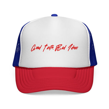 Trucker Cap — "Good Taste Bad Ideas" Retro Script Mesh Hat