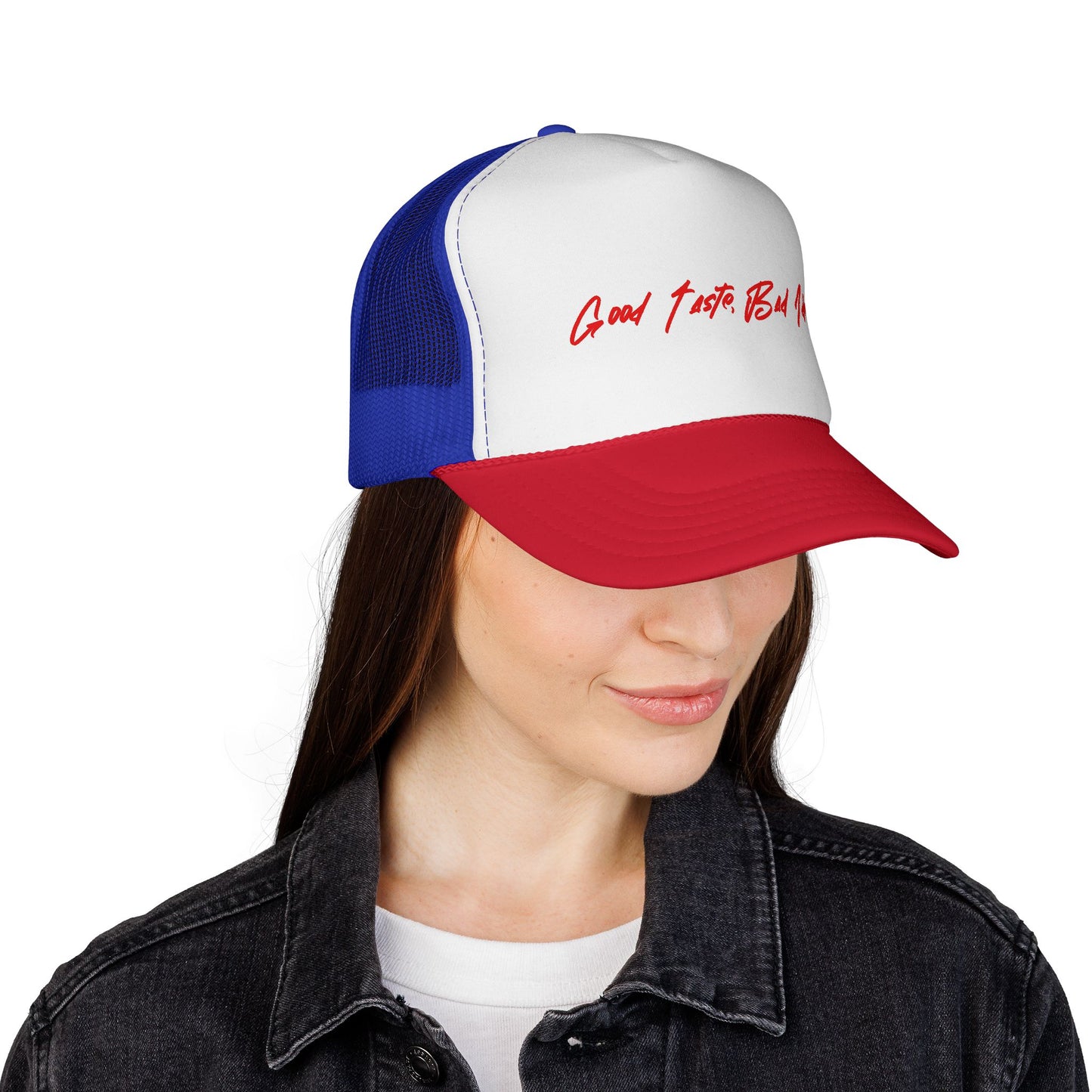 Trucker Cap — "Good Taste Bad Ideas" Retro Script Mesh Hat